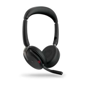Vue de trois quarts profil du casque sans fil Jabra Evolve2 65 Flex avec voyant BusyLight activé