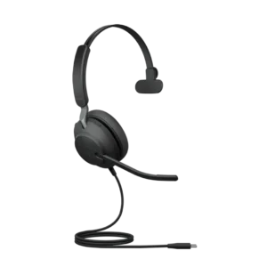 Vue complète du casque Jabra Evolve2 40 SE MS avec microphone et câble USB
