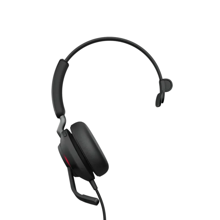 Détail de l'écouteur et du microphone relevé du casque Jabra Evolve2 40 SE MS