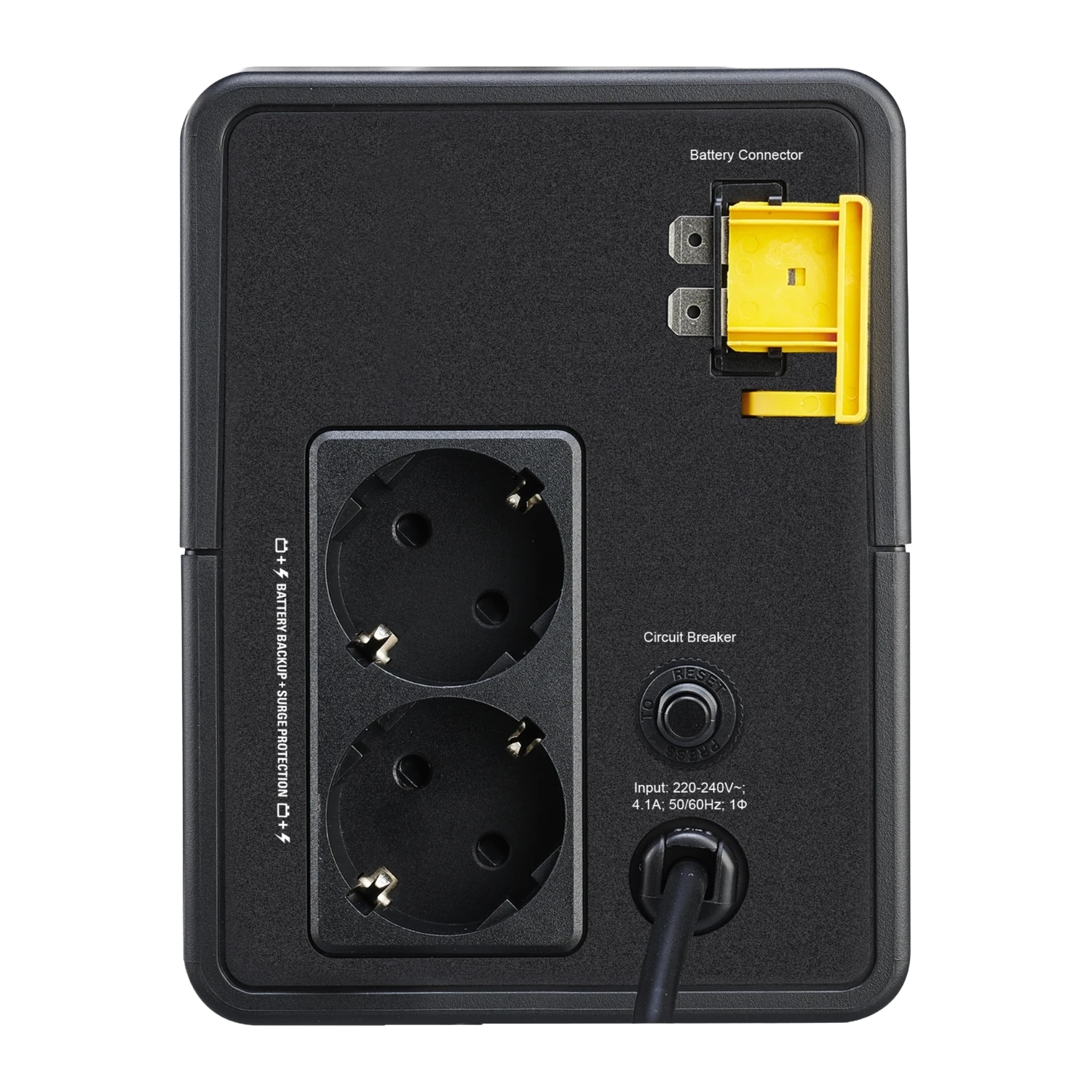 APC BVX900LI-GR - Arrière prises Schuko CEE 7/3 connecteur batterie APC Easy UPS BVX900LI-GR - Vue arrière 2 prises Schuko et connecteur batterie