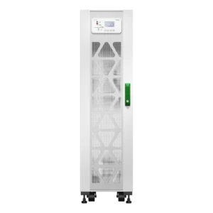 APC Easy UPS 3S 20kVA E3SUPS20KHB1 onduleur triphasé tour blanche, vue de face, grilles triangulaires, écran LCD, poignée verte, pieds réglables