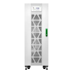 APC Easy UPS 3S 30kVA E3SUPS30KHB1 onduleur triphasé tour blanche, vue de face, grilles triangulaires, écran LCD, poignée verte