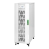 APC Easy UPS 3S 40kVA E3SUPS40KHB1 onduleur triphasé tour blanche, vue 3/4 avant droite, grilles triangulaires, écran LCD, poignée verte, pieds réglables