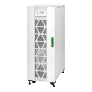 APC Easy UPS 3S 40kVA E3SUPS40KHB1 onduleur triphasé tour blanche, vue 3/4 avant droite, grilles triangulaires, écran LCD, poignée verte, pieds réglables