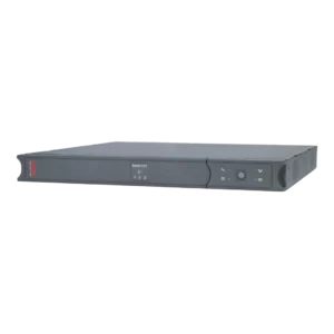 APC Smart-UPS SC 450VA SC450RMI1U, format rack 1U gris anthracite, vue 3/4 avant gauche, logo APC rouge, écran SC 450, bouton d'alimentation et voyants LED