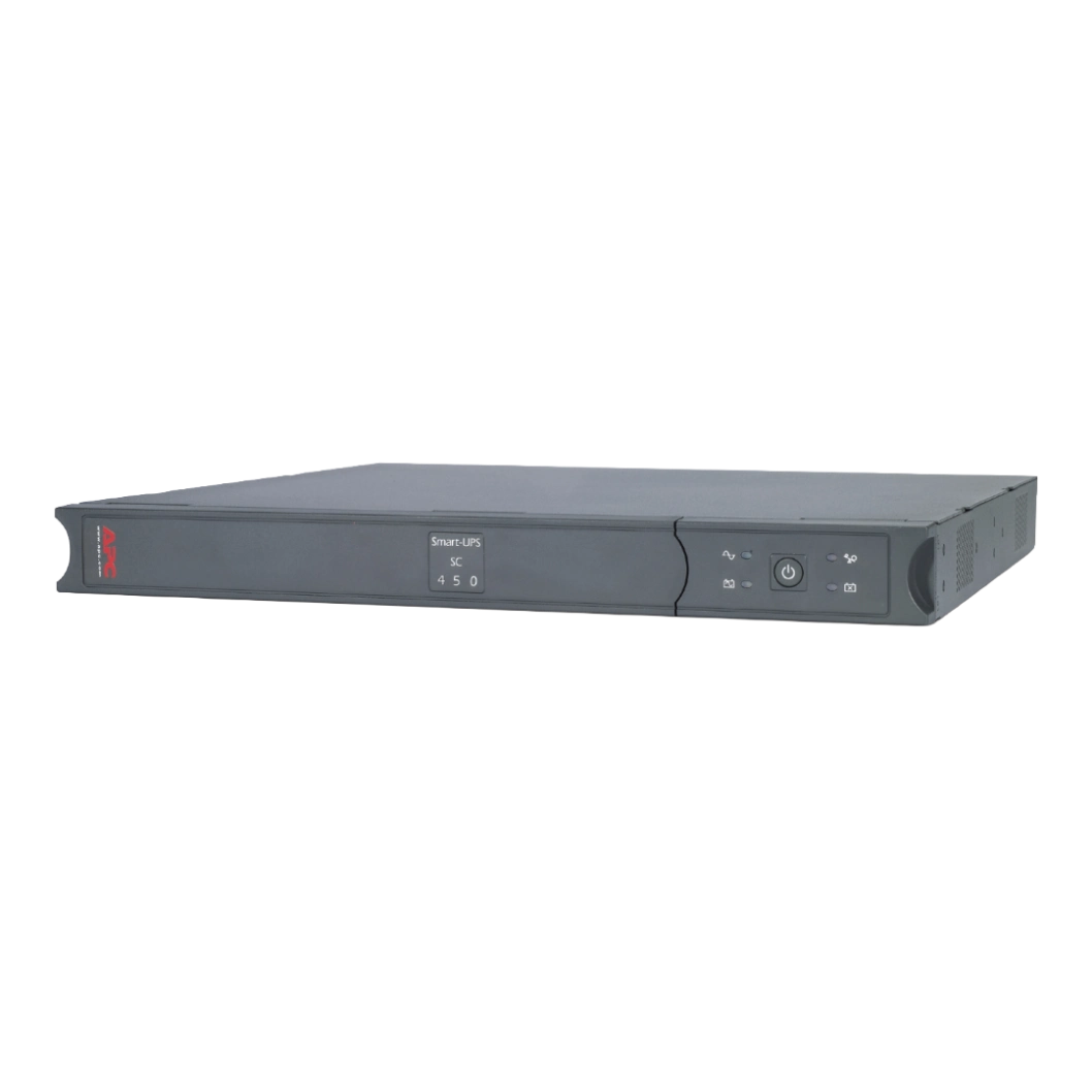 APC Smart-UPS SC 450VA SC450RMI1U, format rack 1U gris anthracite, vue 3/4 avant gauche, logo APC rouge, écran SC 450, bouton d'alimentation et voyants LED
