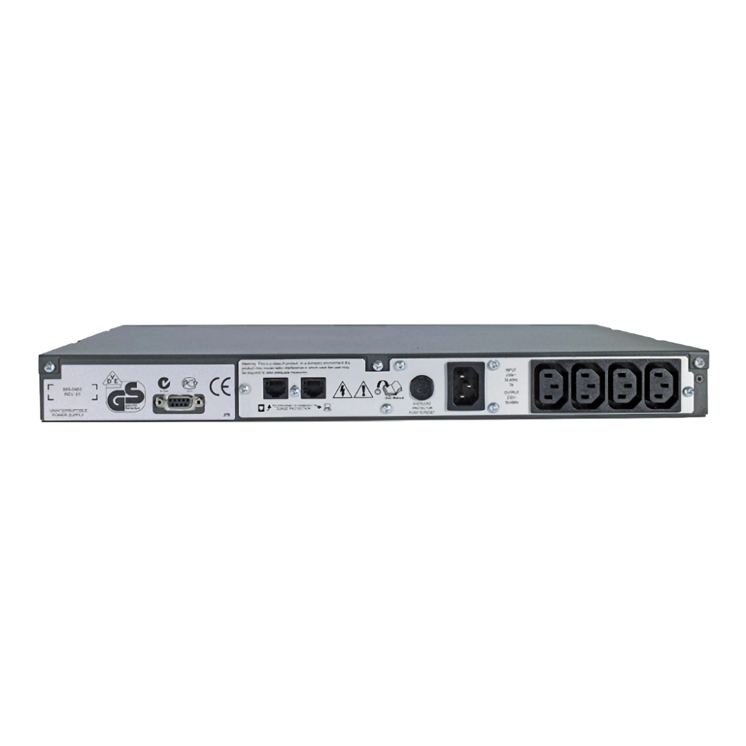 APC Smart-UPS SC 450VA Rack 1U - Vue arrière connexions APC Smart-UPS SC 450VA SC450RMI1U, panneau arrière rack 1U: 1 entrée IEC C14, 4 sorties IEC C13, port série RS-232, ports RJ45 protection parafoudre, certifications CE GS