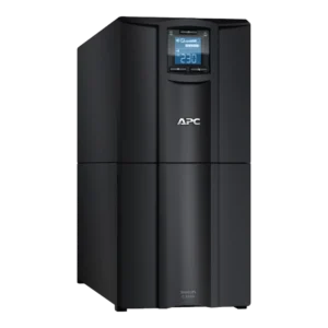 APC Smart-UPS C 3000VA SMC3000I tour noire, vue 3/4 avant gauche, écran LCD bleu affichant 230V, logo APC, deux modules empilés (électronique haut + batteries bas)