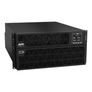 APC Smart-UPS SRT 10kVA SRTG10KXLI, format rack/tour 6U noir, vue 3/4 avant gauche, écran LCD ONLINE 230V 50Hz, ventilateurs hexagonaux, 2 unités superposées, pied de tour