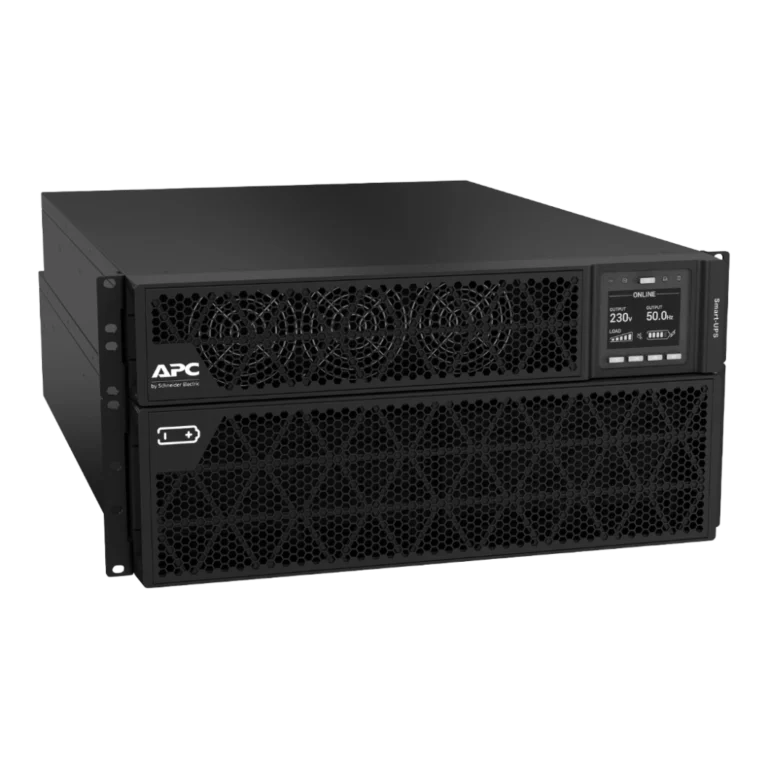 APC Smart-UPS SRT 10kVA - Vue 3/4 avant gauche mode rack APC Smart-UPS SRT 10kVA SRTG10KXLI, format rack/tour 6U noir, vue 3/4 avant gauche, écran LCD ONLINE 230V 50Hz, ventilateurs hexagonaux, 2 unités superposées, pied de tour