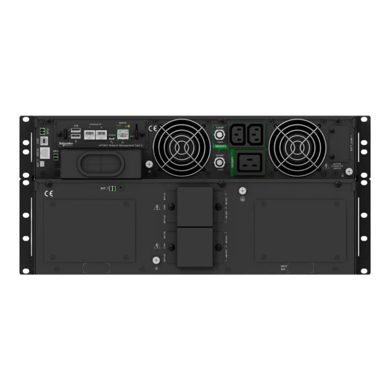 APC Smart-UPS SRT 10kVA - Vue arrière mode rack (détail) APC Smart-UPS SRT 10kVA SRTG10KXLI, panneau arrière mode rack: carte réseau AP9641 NMC3, prises IEC sorties groupées, connecteurs batterie externe