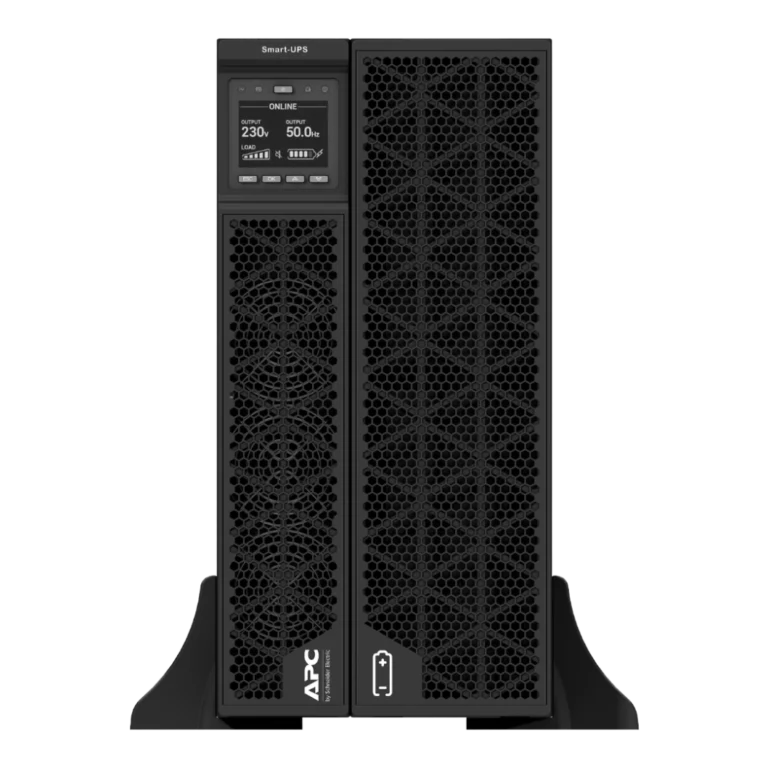 APC Smart-UPS SRT 10kVA - Vue de face mode tour APC Smart-UPS SRT 10kVA SRTG10KXLI en mode tour, vue de face, écran LCD ONLINE 230V 50Hz, ventilateurs circulaires, logo APC by Schneider Electric