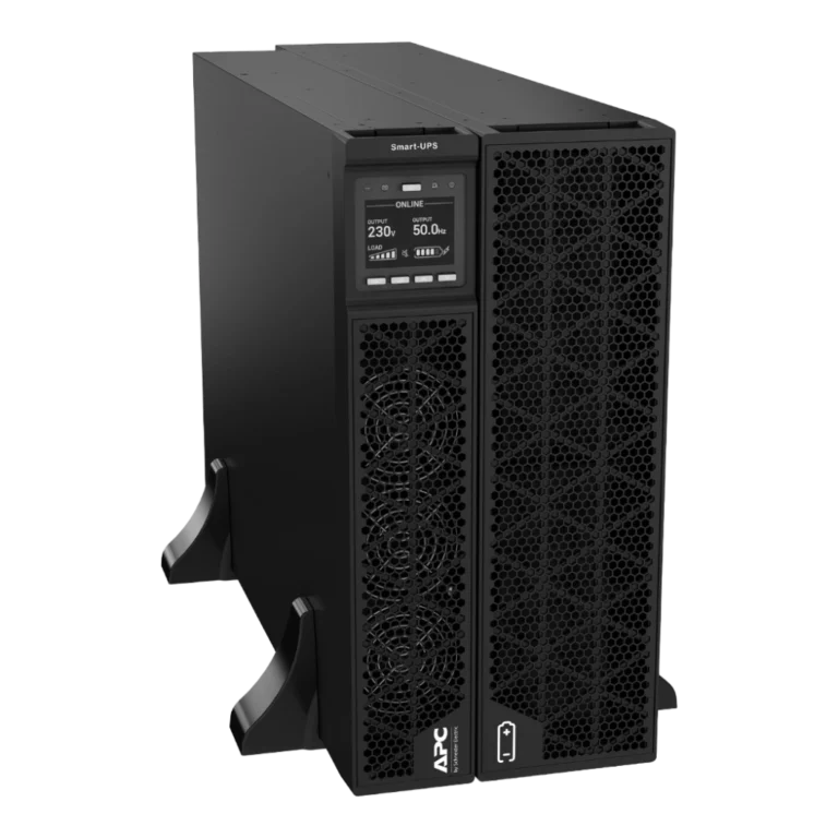 APC Smart-UPS SRT 10kVA - Vue 3/4 avant droite mode tour APC Smart-UPS SRT 10kVA SRTG10KXLI en mode tour, vue 3/4 avant droite, écran LCD ONLINE 230V 50Hz, ventilateurs hexagonaux, 2 unités, pied de tour
