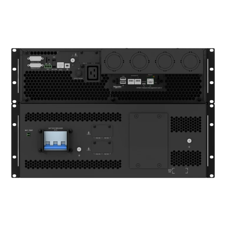 APC Smart-UPS SRT 15kVA - Vue arrière mode rack APC Smart-UPS SRT 15kVA SRTG15KXLI, panneau arrière mode rack: module batterie (disjoncteur bleu 63A, connexions DC) + onduleur (AP9641 NMC3, prise IEC, ports parallèles)