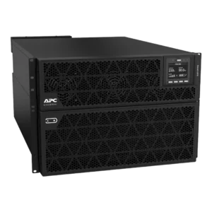 APC Smart-UPS SRT 20kVA SRTG20KXLI, format rack/tour noir, vue 3/4 avant gauche, écran LCD ONLINE 230V 50Hz, ventilateurs hexagonaux, 2 unités, pied de tour