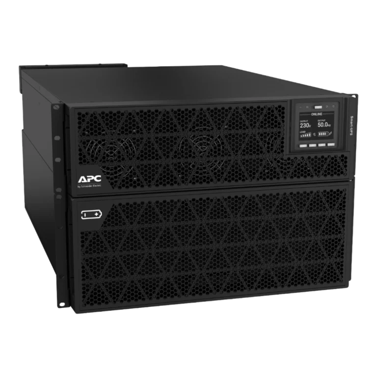 APC Smart-UPS SRT 20kVA - Vue 3/4 avant gauche mode rack APC Smart-UPS SRT 20kVA SRTG20KXLI, format rack/tour noir, vue 3/4 avant gauche, écran LCD ONLINE 230V 50Hz, ventilateurs hexagonaux, 2 unités, pied de tour