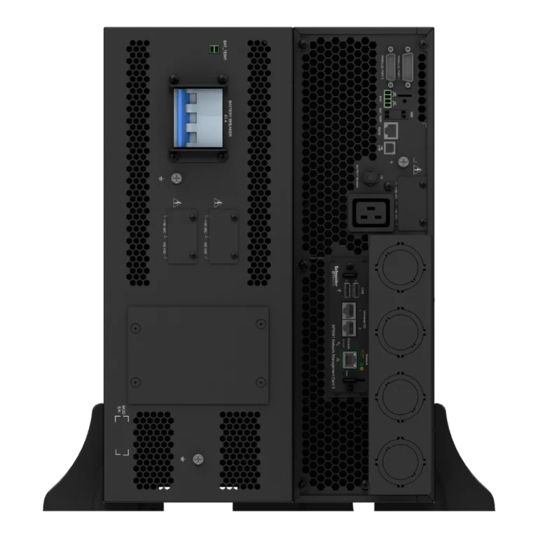 APC Smart-UPS SRT 20kVA - Vue arrière mode tour APC Smart-UPS SRT 20kVA SRTG20KXLI, panneau arrière mode tour: module batteries avec disjoncteur 63A + onduleur avec AP9641 NMC3, 4 grands ventilateurs circulaires