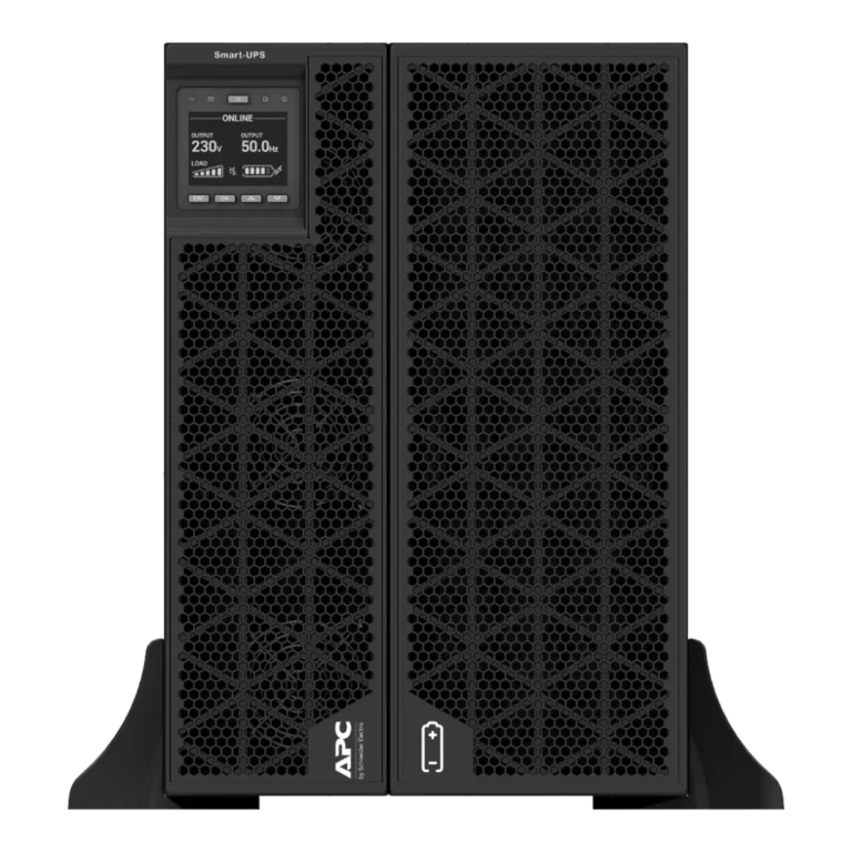 APC Smart-UPS SRT 20kVA - Vue de face mode tour APC Smart-UPS SRT 20kVA SRTG20KXLI en mode tour, vue de face, ventilateurs hexagonaux, écran LCD ONLINE 230V 50Hz, logo APC, pied de tour