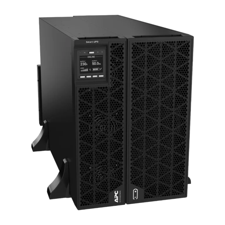 APC Smart-UPS SRT 20kVA - Vue 3/4 avant gauche mode tour APC Smart-UPS SRT 20kVA SRTG20KXLI en mode tour, vue 3/4 avant gauche, 2 unités (onduleur + module batteries), écran LCD ONLINE 230V 50Hz