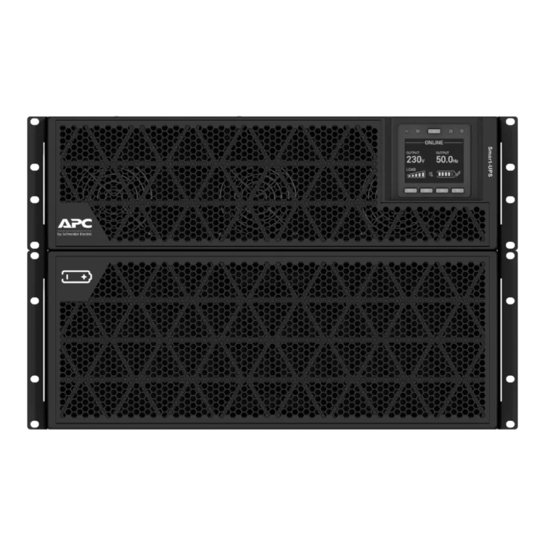 APC Smart-UPS SRT 20kVA - Vue de face mode rack APC Smart-UPS SRT 20kVA SRTG20KXLI en mode rack, vue de face, format horizontal, APC by Schneider Electric, écran LCD ONLINE 230V 50Hz, module batteries dessous
