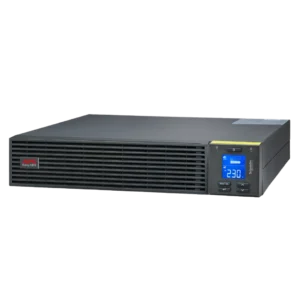 APC Easy UPS SRV 1kVA SRV1KRI, format rack 2U gris anthracite, vue 3/4 avant gauche, écran LCD bleu 230V, logo APC Easy-UPS, grilles ventilation horizontales, Schneider Electric