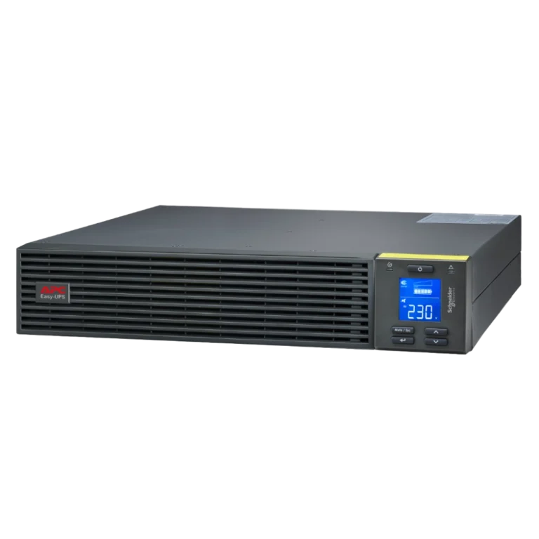 APC Easy UPS SRV 1kVA Rack 2U - Vue 3/4 avant gauche APC Easy UPS SRV 1kVA SRV1KRI, format rack 2U gris anthracite, vue 3/4 avant gauche, écran LCD bleu 230V, logo APC Easy-UPS, grilles ventilation horizontales, Schneider Electric