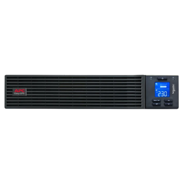 APC Easy UPS SRV 1kVA Rack 2U - Vue de face frontale APC Easy UPS SRV 1kVA SRV1KRI, format rack 2U, vue de face, écran LCD bleu 230V, logo APC Easy-UPS, boutons navigation Mute/Esc, Schneider Electric