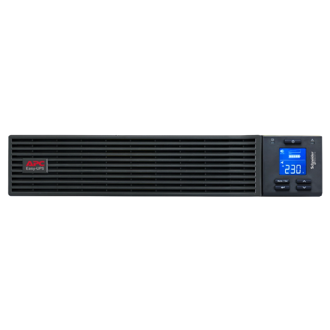 APC Easy UPS SRV 1kVA Rack 2U - Vue de face frontale APC Easy UPS SRV 1kVA SRV1KRI, format rack 2U, vue de face, écran LCD bleu 230V, logo APC Easy-UPS, boutons navigation Mute/Esc, Schneider Electric