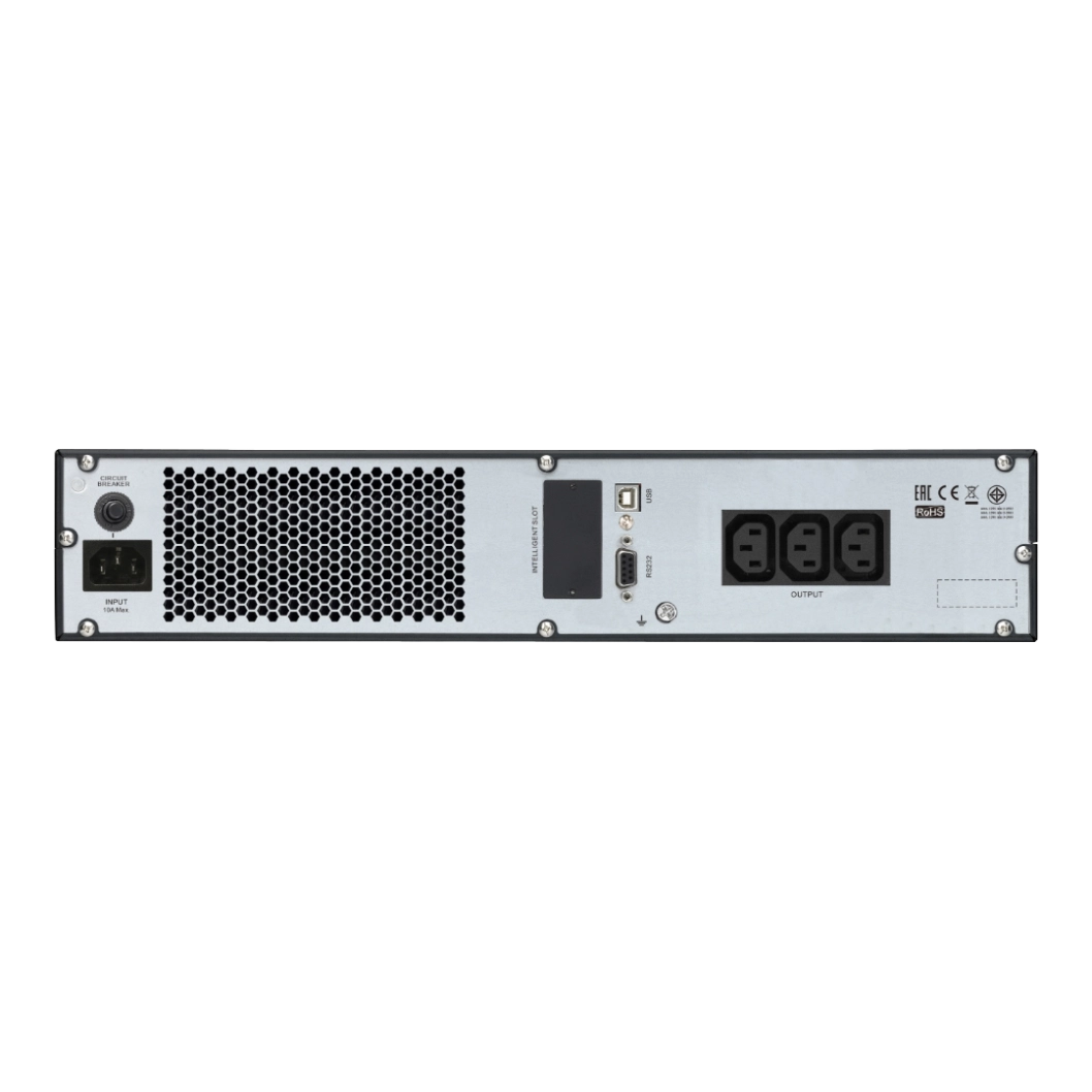 APC Easy UPS SRV 1kVA Rack 2U - Vue arrière connexions APC Easy UPS SRV 1kVA SRV1KRI, panneau arrière rack 2U: entrée IEC C14 avec disjoncteur, 3 sorties IEC C13, port USB type B, port RS-232, intelligent slot, certifications EAC CE RoHS
