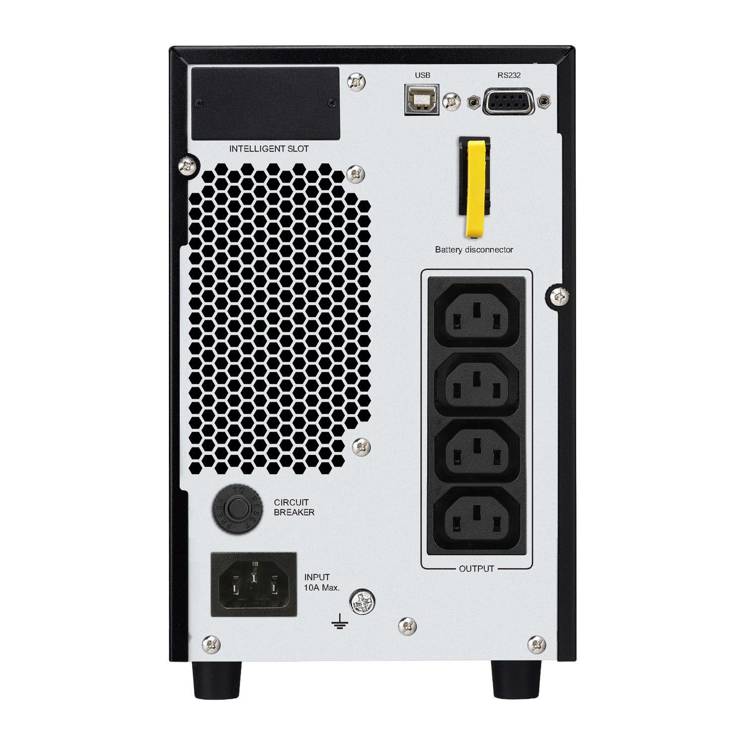 APC SRV2KI - Connectique arrière USB RS232 prises IEC APC Easy UPS SRV 2000VA SRV2KI - Vue arrière avec USB, RS232, Smart-Slot et 4 prises IEC