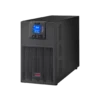 APC Easy UPS SRV 3kVA SRV3KI tour noire, vue 3/4 avant gauche, écran LCD bleu 230V, logo APC Easy-UPS, grilles ventilation, Schneider Electric