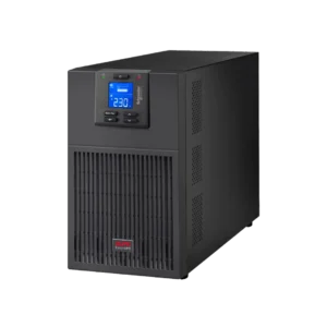 APC Easy UPS SRV 3kVA SRV3KI tour noire, vue 3/4 avant gauche, écran LCD bleu 230V, logo APC Easy-UPS, grilles ventilation, Schneider Electric