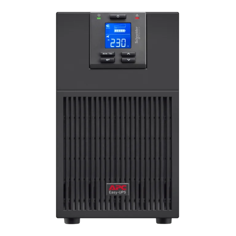 APC Easy UPS SRV 3kVA Tour - Vue de face frontale APC Easy UPS SRV 3kVA SRV3KI tour noire, vue de face, écran LCD bleu 230V, logo APC Easy-UPS en bas, boutons navigation Mute/Esc, Schneider Electric