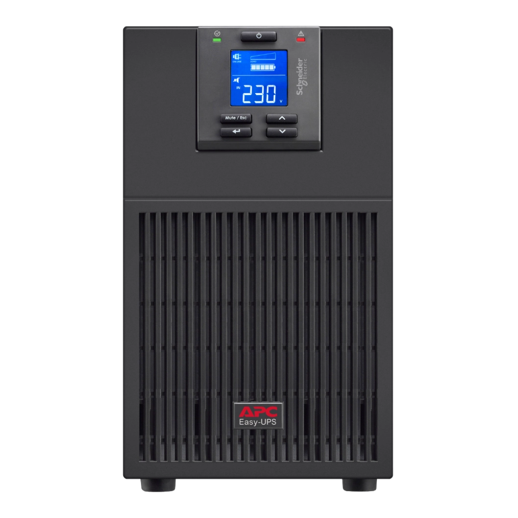 APC Easy UPS SRV 3kVA Tour - Vue de face frontale APC Easy UPS SRV 3kVA SRV3KI tour noire, vue de face, écran LCD bleu 230V, logo APC Easy-UPS en bas, boutons navigation Mute/Esc, Schneider Electric