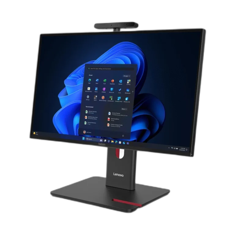 mdwlth.webp Lenovo ThinkCentre M90a Gen 6 - vue trois quarts rapprochée écran allumé