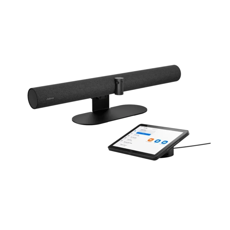 Jabra PanaCast 50 VBS youshop algerie Système de visioconférence autonome Jabra PanaCast 50 VBS vue perspective avec barre vidéo et tablette de contrôle tactile YouShop Algérie.