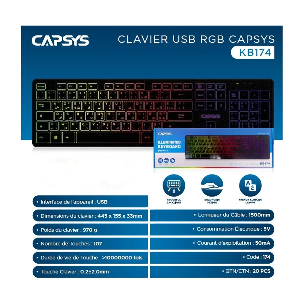 CAPSYS KB174 Clavier filaire USB RGB