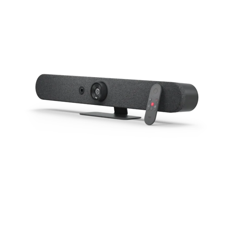 Logitech Rally Bar Mini Algérie Visioconférence Tout-en-un 4K (4) Barre de visioconférence 4K Logitech Rally Bar Mini Graphite - YouShop Algérie vue laterale avec telecommande