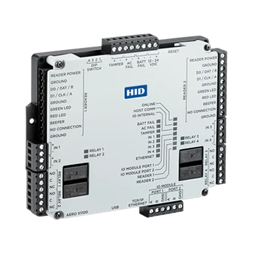 Contrôleur de porte IP HID Aero X1100 – 2 portes / 4 lecteurs OSDP, jusqu’à 64 modules E/S Contrôleur de porte IP HID Aero X1100 – 2 portes / 4 lecteurs OSDP, jusqu’à 64 modules E/S — vue de face — YouShop DZ