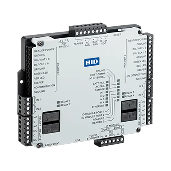 Contrôleur de porte IP HID Aero X1100 – 2 portes / 4 lecteurs OSDP, jusqu&rsquo;à 64 modules E/S — vue de face — YouShop DZ