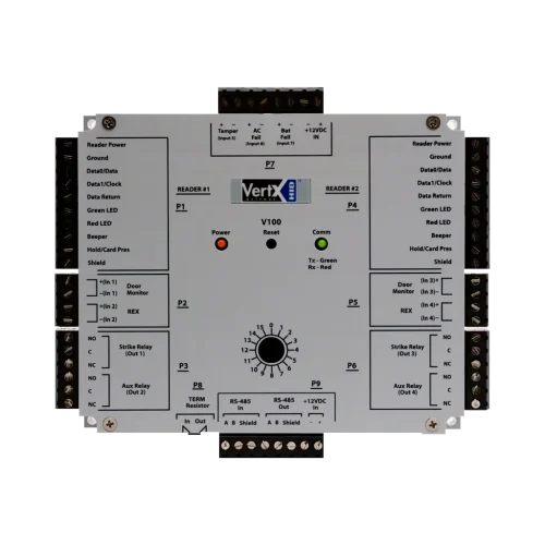 Interface de porte/lecteur HID VertX V100 (réf. 70100AEP0N) – 2 portes / 2 lecteurs Interface de porte/lecteur HID VertX V100 (réf. 70100AEP0N) – 2 portes / 2 lecteurs — vue de face — YouShop DZ