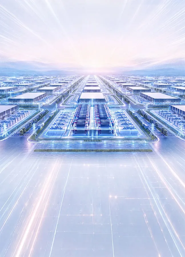 Vue d'artiste d'un vaste campus de centres de données parcouru de faisceaux lumineux
