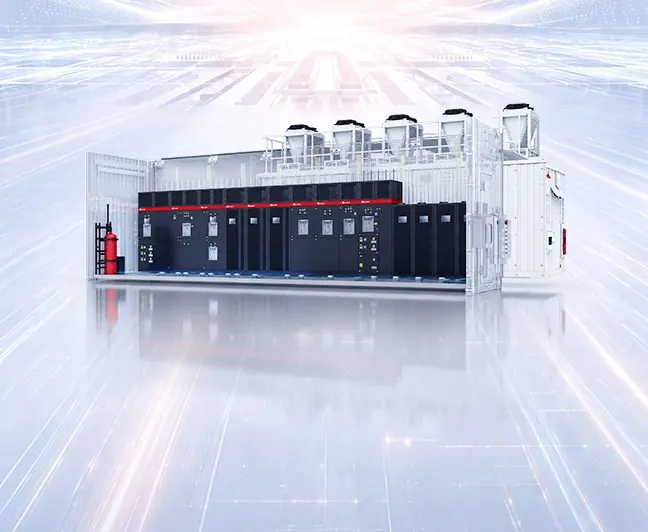 Vue en écorché d'un module d'alimentation conteneurisé pour data center, cellules électriques alignées