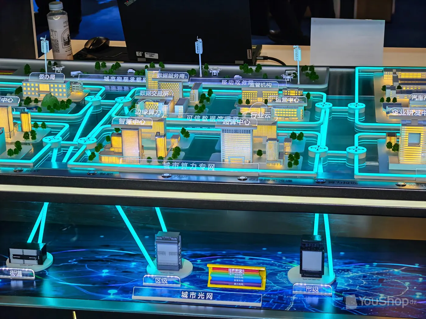 Maquette lumineuse de ville reliée par un réseau optique urbain à trois niveaux