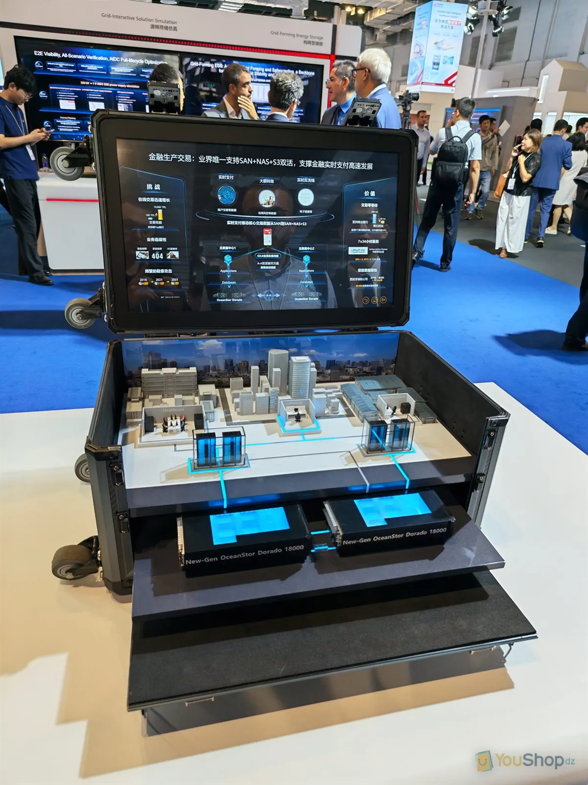 Valise de démonstration ouverte : écran d'architecture bancaire et maquette de ville avec deux modules Dorado