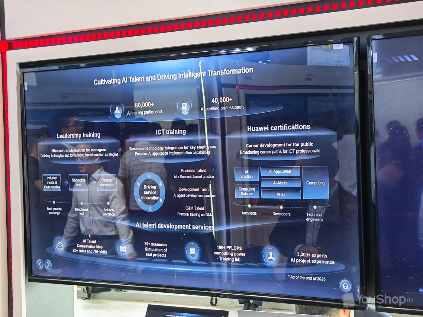 Écran mural présentant le programme de formation et de certification IA de Huawei