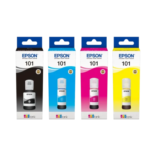Pack 4 bouteilles d'encre Epson Original 101 (BK 127 ml + C/M/Y 70 ml) Pack 4 bouteilles d'encre Epson Original 101 (BK 127 ml + C/M/Y 70 ml) — vue de face — YouShop DZ