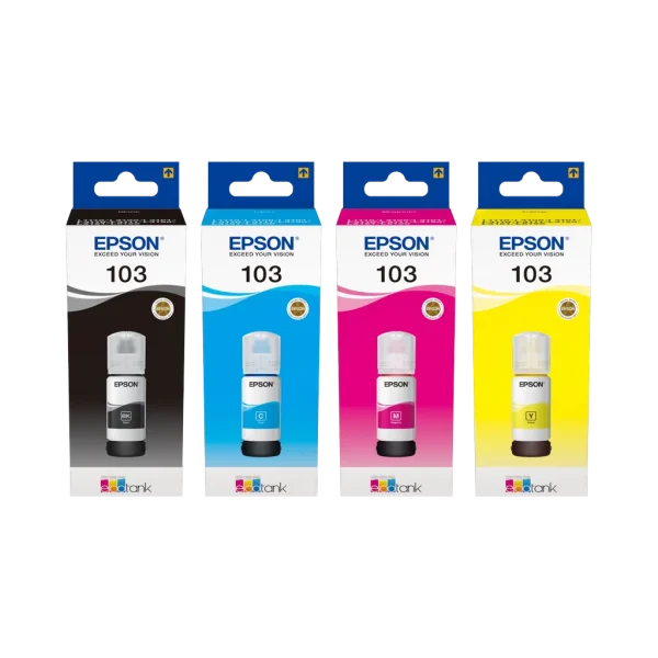 Pack 4 bouteilles d'encre Epson Original 103 BK/C/M/Y 65 ml Pack 4 bouteilles d'encre Epson Original 103 BK/C/M/Y 65 ml — vue de face — YouShop DZ