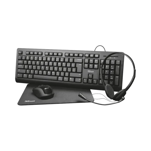 Trust Primo Kit télétravail 4-en-1 : clavier AZERTY, souris sans fil, casque micro, tapis (24387) Trust Primo Kit télétravail 4-en-1 : clavier AZERTY, souris sans fil, casque micro, tapis (24387) — vue de face — YouShop DZ