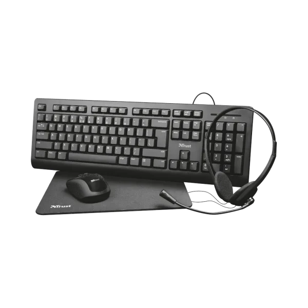 Trust Primo Kit télétravail 4-en-1 : clavier AZERTY, souris sans fil, casque micro, tapis (24387) Trust Primo Kit télétravail 4-en-1 : clavier AZERTY, souris sans fil, casque micro, tapis (24387) — vue de face — YouShop DZ